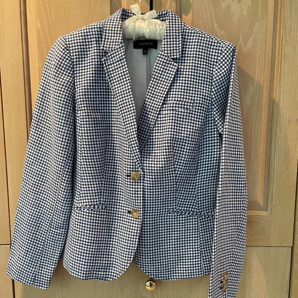 Talbots Blue and White Gingham Linen/Cotton Blazer